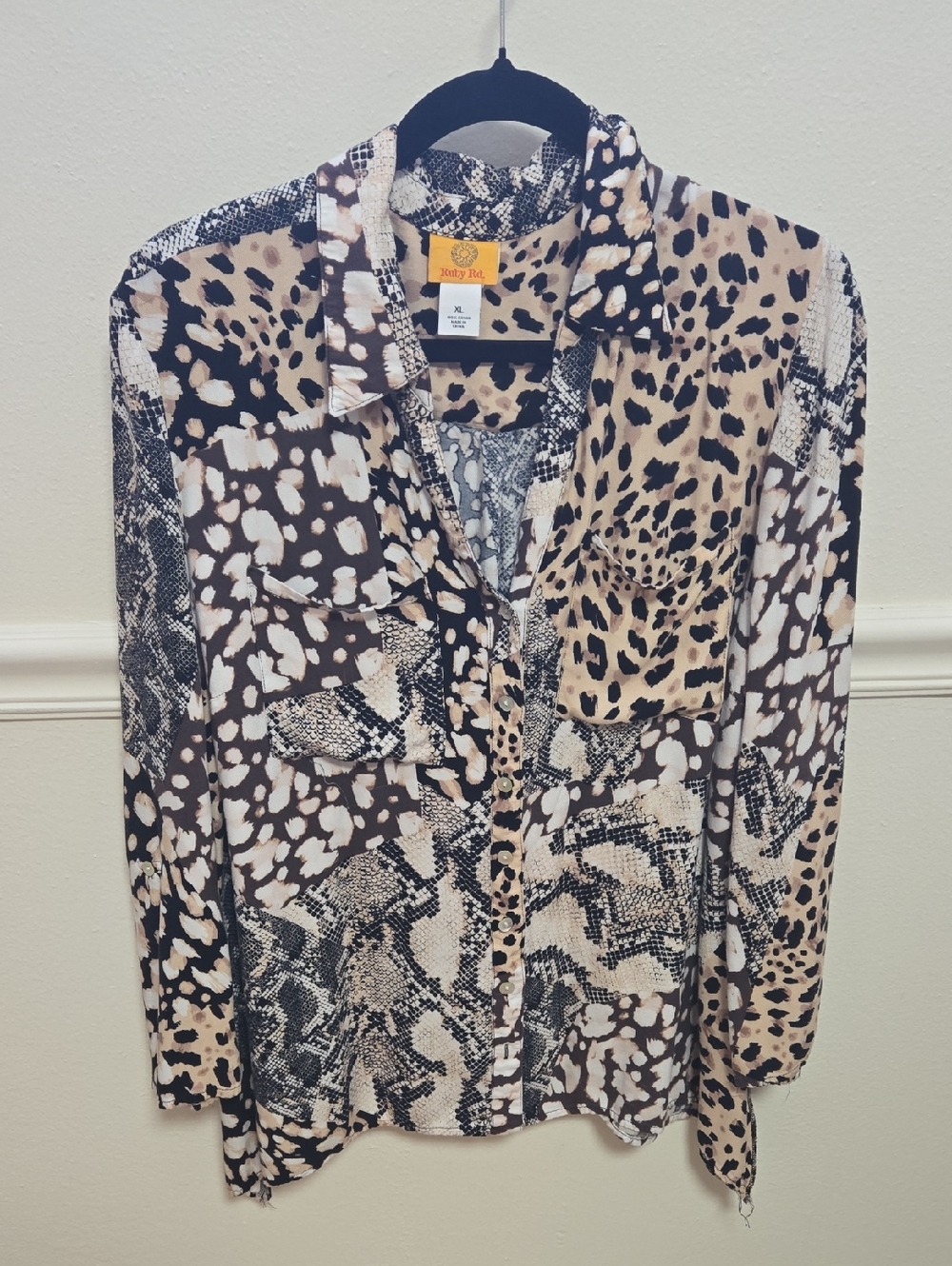 Ruby Rd. Animal Print Blouse in Black, Beige & Cream